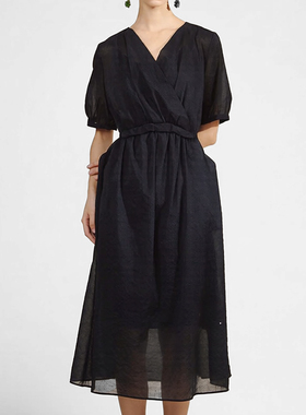 素芭纯色V领收腰短袖连衣裙女夏季时尚百搭气质显瘦a字长裙SF0292