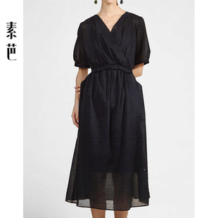 百搭气质显瘦a字长裙SF0292 时尚 素芭纯色V领收腰短袖 连衣裙女夏季