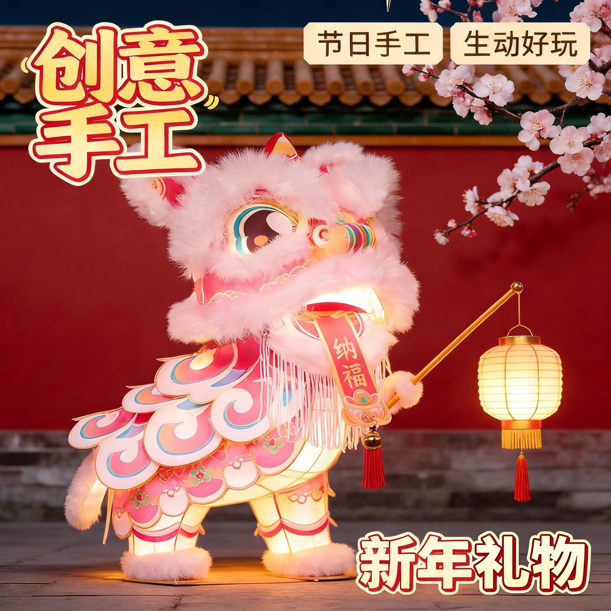 2026醒狮灯笼手工diy材料包国潮舞狮发光玩具儿童手提花灯礼物,节庆用品/礼品,灯笼材料包,淘宝优惠券,粉丝福利购,淘宝优惠卷