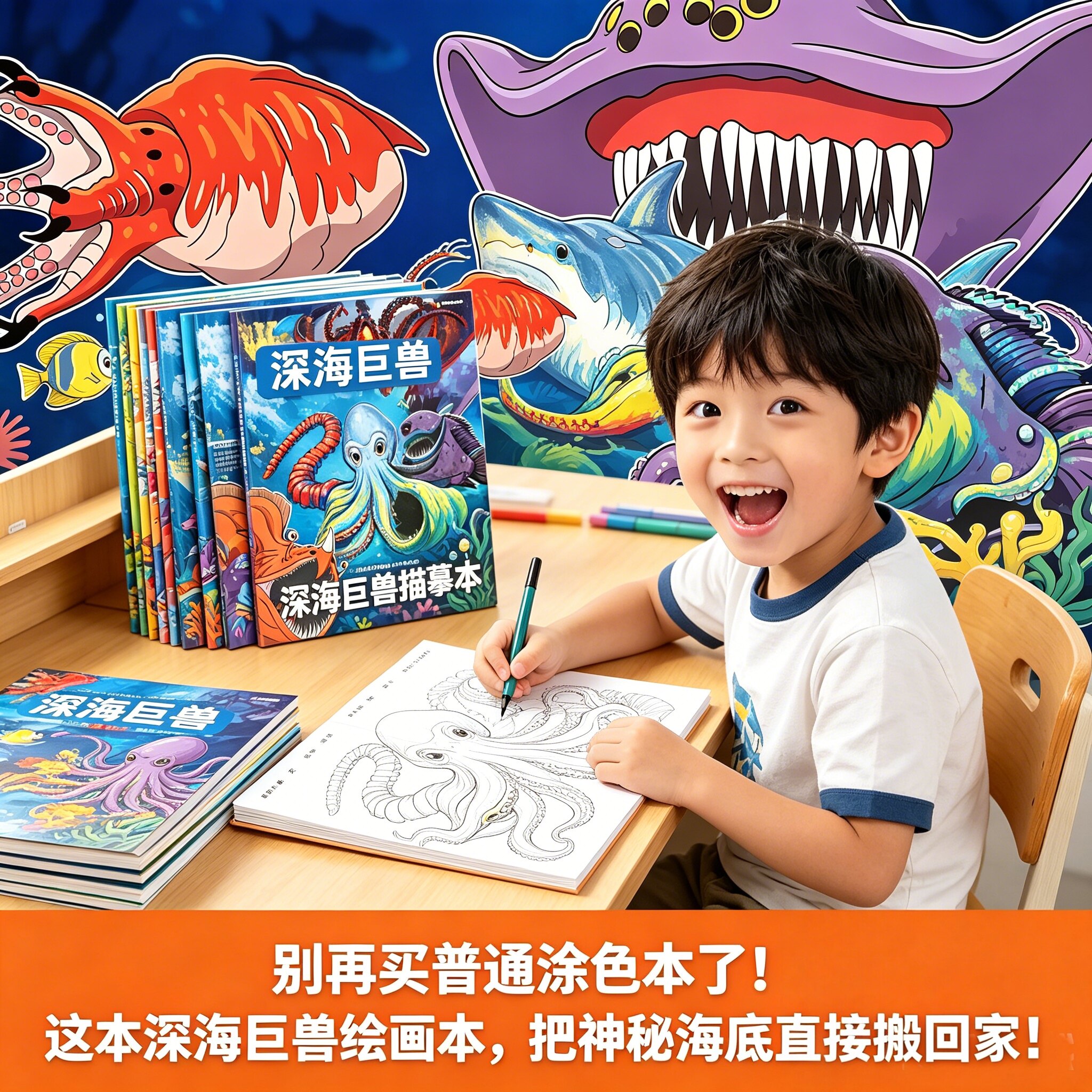 深海巨兽儿童绘画本描摹本格兰玛雅巨齿鲨海怪7套图画本画画本儿童想象力锻炼益智涂色绘画本男孩画册礼物图片