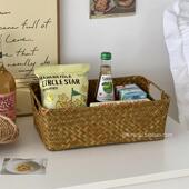 ins覆古编织手提收纳筐草编长方形收纳篮桌面零食杂物整理收纳盒