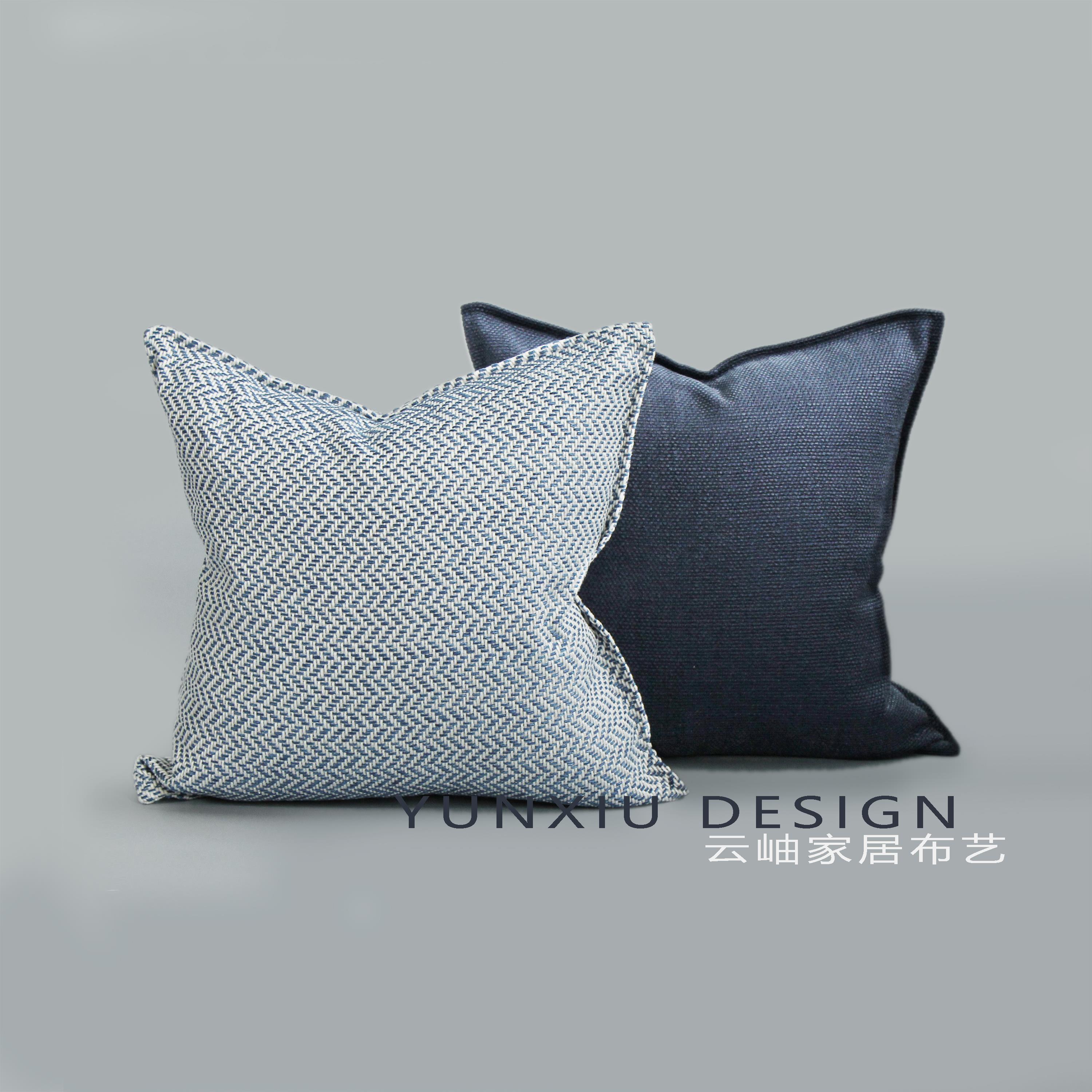 深蓝色几何棉麻抱枕靠垫 简约现代北欧沙发靠垫方枕纯蓝棉麻抱枕
