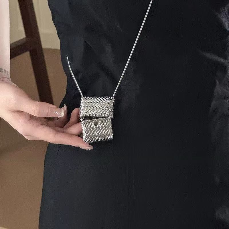 复古金属编织小方包串珠项链女