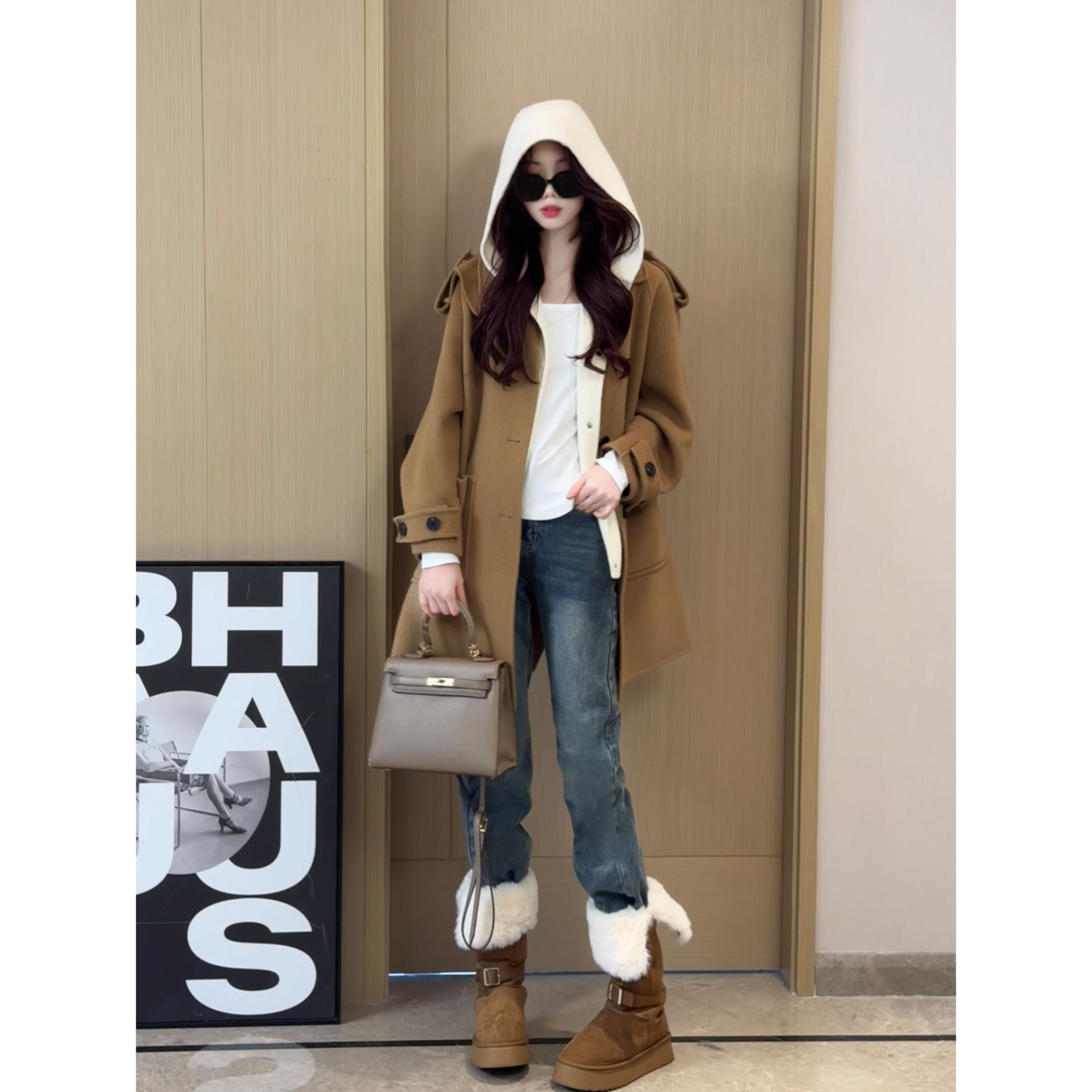 【热巴同款】2025春季新款中长款羊毛大衣显瘦韩版双面毛呢外套女