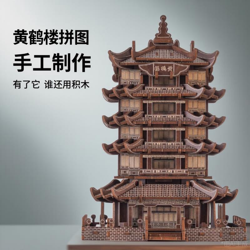 黄鹤楼黄鹤楼中国古建筑实木模型中国风古建筑拼图木质玩具礼物