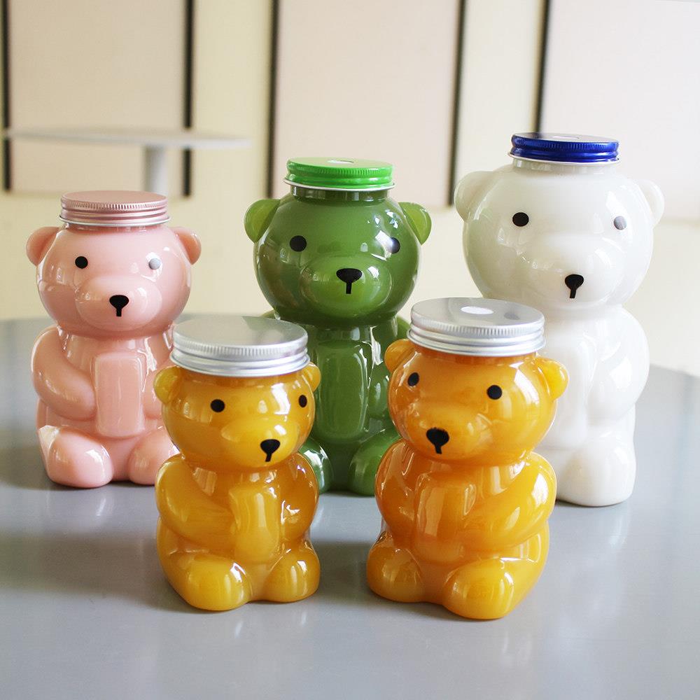 小熊杨枝甘露网红可爱卡通奶茶瓶PET塑料带盖饮料瓶一次性打包杯