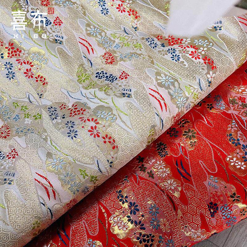 和风西阵织锦缎金襕织物日本服装面料和服口金包花唐草手工 布料