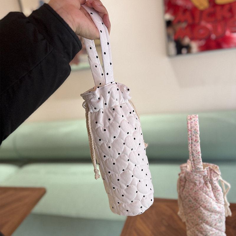 甜美波点杯套手提小拎包夹棉格子水杯袋防烫柔软便携水杯奶茶袋子