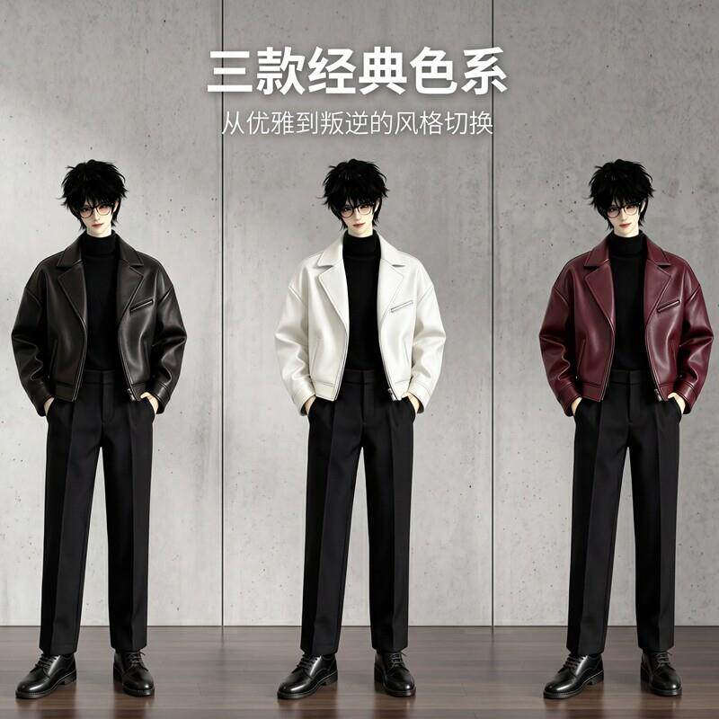 BJD娃衣3分4分6分黑白机车皮衣套装高领打底西裤叔体/id75男帅气