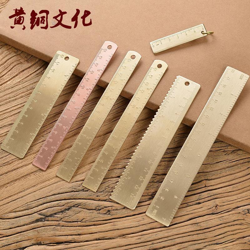 复古加厚纯铜尺子直角三角半圆仪手账金属工艺压印黄铜书签便携式