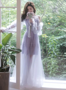 紫色森系花仙子重手工晚礼服气质名媛主持艺考生日毕业礼裙秋