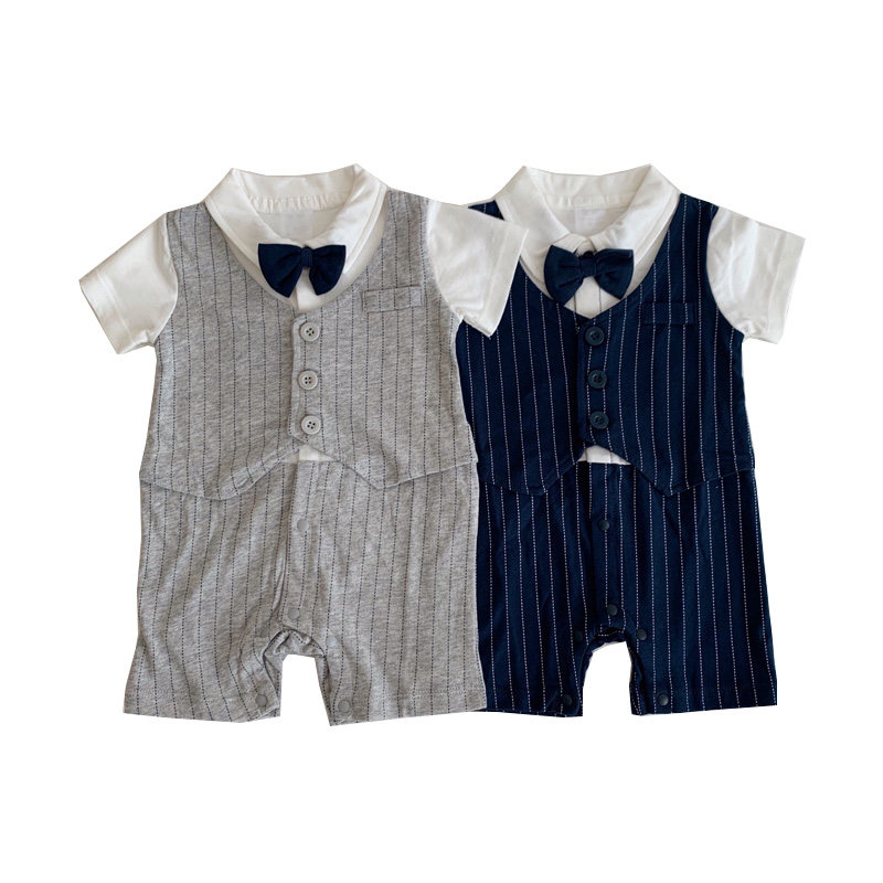 夏季婴幼儿绅士礼服男q宝宝百天周岁短袖连体衣领结马甲满月衣服