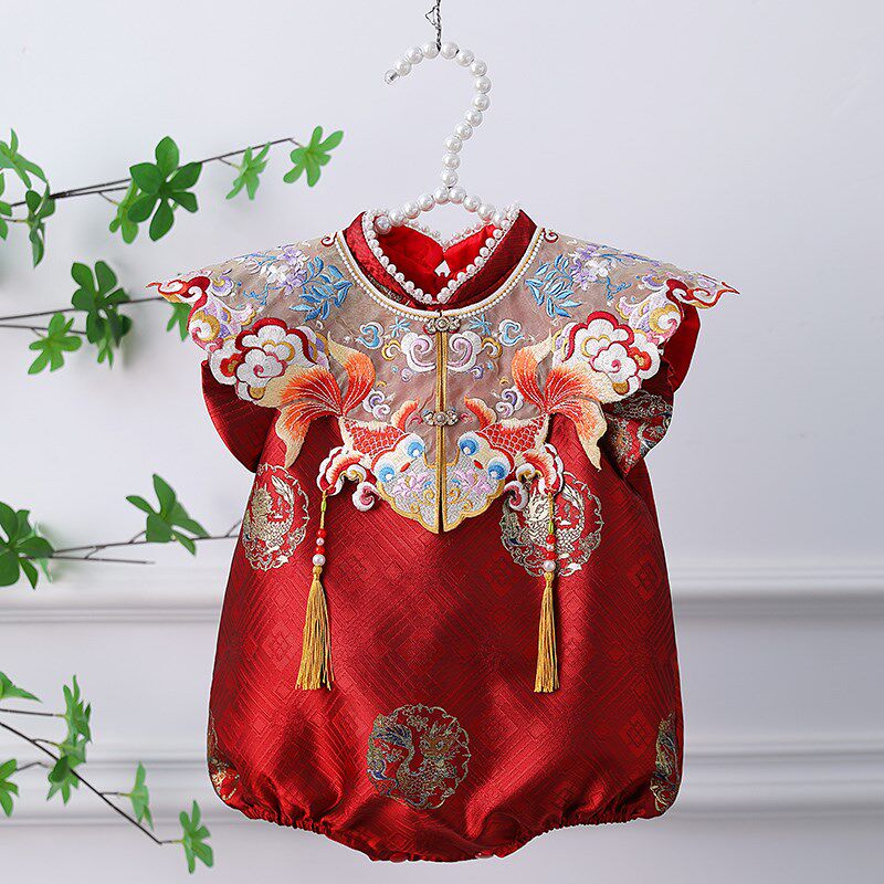 一周岁女宝宝礼服红色百天国风儿童满月抓周宴衣服新中Z式旗袍夏
