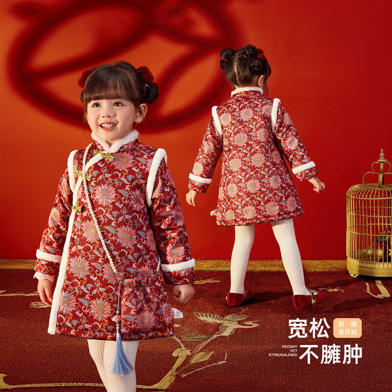 女童连衣裙中国风儿童汉服裙子红色夹棉唐装O周岁礼服宝宝冬季衣