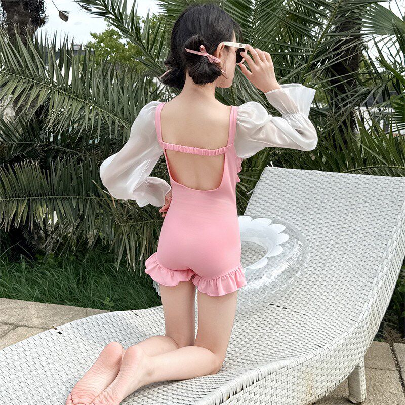 儿童泳衣女孩长袖连体防晒游泳衣短裤甜美女N童中大童洋气可爱泳