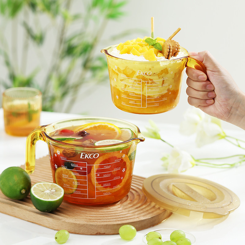 康宁琥珀色玻璃量杯带r刻度牛奶杯耐高温微波炉可加热儿童早餐杯