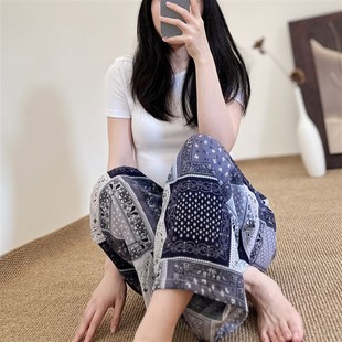 加大宽松阔腿裤 夏季 薄款 绵绸女睡f裤 人造棉外穿家居休闲 国风时尚