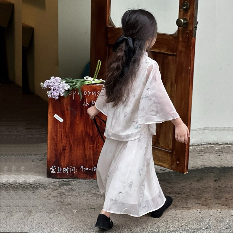 女童复古新中式印花套装2024夏装古G风汉服防晒长袖儿童裙子两件