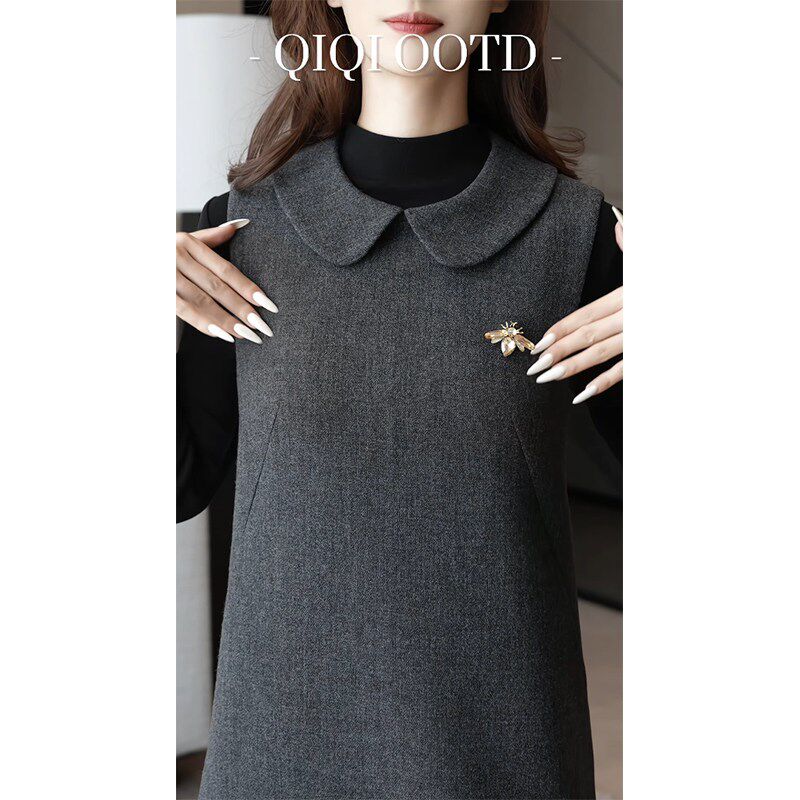 柒院家大码女轻奢法式娃娃领背心连衣裙2025O秋冬款宽松显瘦中长