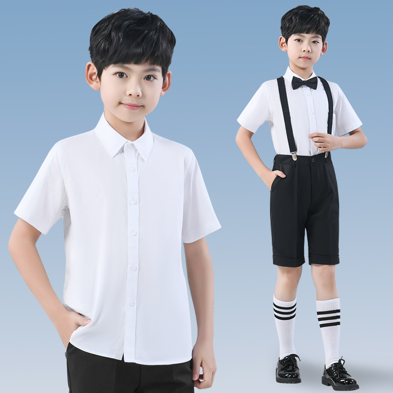 男童白衬衫短袖儿童礼服白衬衣女童小学生白Q色校服男孩演出服