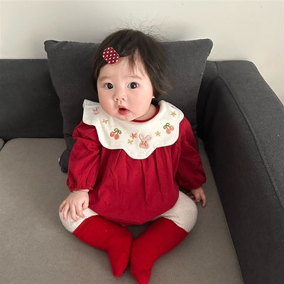 婴儿红色衣服春秋装女宝宝满月百天周G岁礼服长袖连体衣棉质哈衣