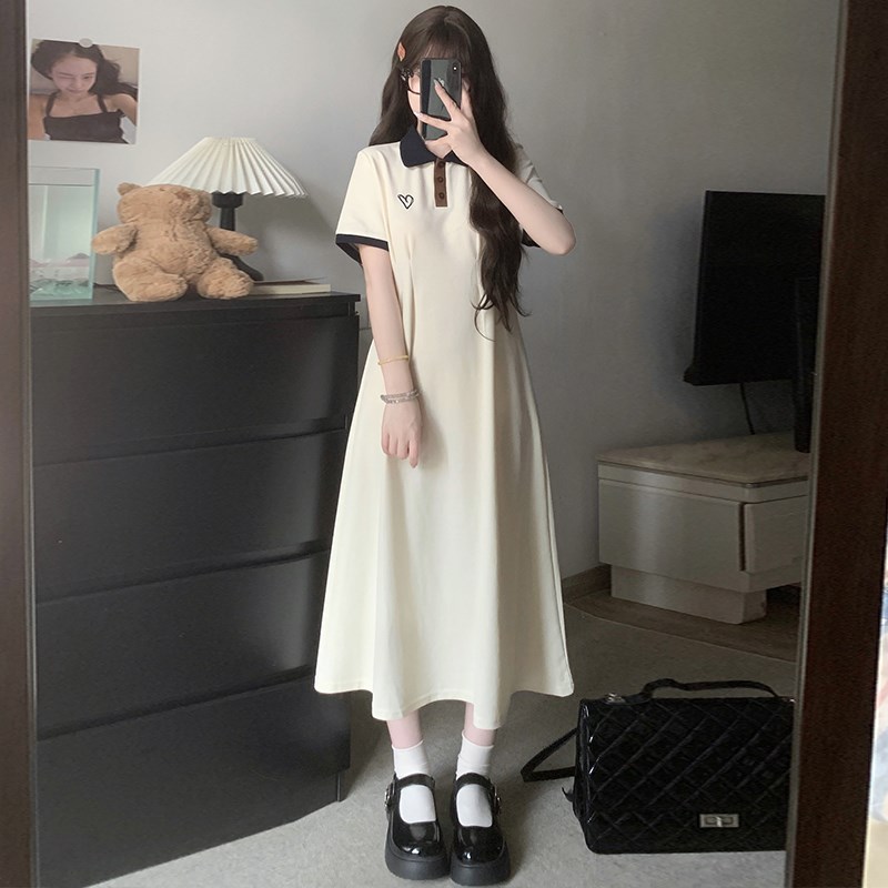 初中生女大童polo领连衣裙夏季学院F风少女孩收腰显瘦甜美中长裙