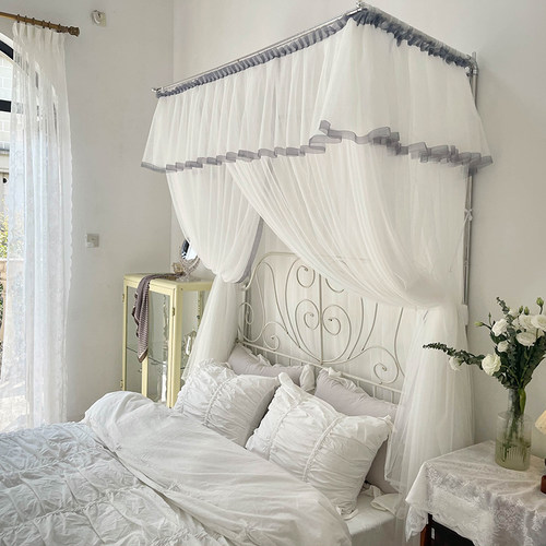 白色U型伸缩蚊帐三开门支架家用卧室公I主风床幔加密落地新款高级