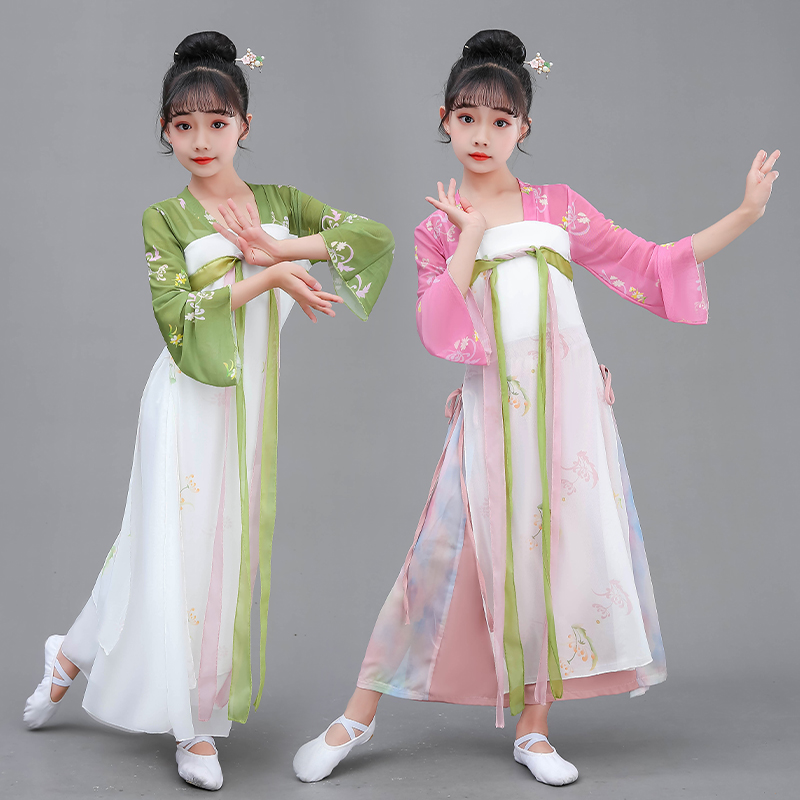 儿童古典舞蹈服飘逸汉服齐胸破裙女童身韵纱衣中国舞Y演出服装长