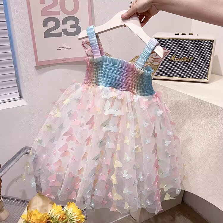 女童洋装夏季儿童吊带裙洋派小女孩公J主裙节日表演礼服彩虹裙子