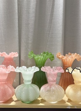 中古奶玉黄色芬顿风法式南瓜珠花瓶手工琉璃玻璃家插花Z器软装摆