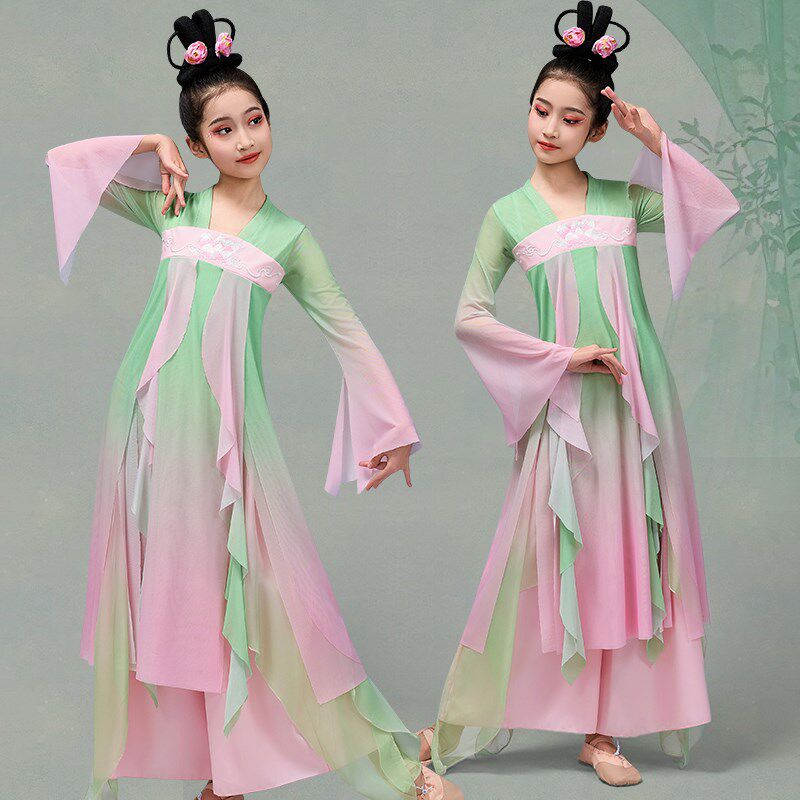 古典舞演出服女儿童中国舞初夏荷花飘逸扇子舞P蹈服纱衣仙气表演