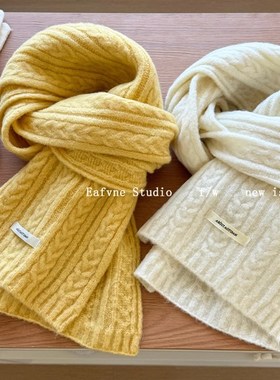 羊毛混纺显白绿色紫色围巾女x冬季麻花针织保暖围脖韩版百搭毛线