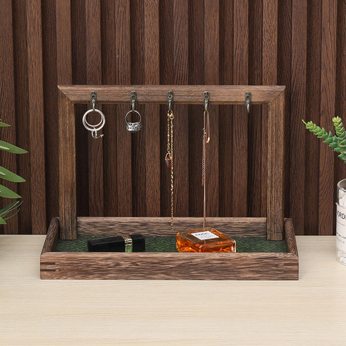 实木桌面挂c钩式 玄关入门钥匙收纳摆件 首饰海棠玻璃桌面收纳托