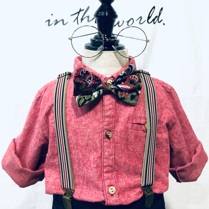 春季洋气男宝宝红色周岁礼服套装 长袖衬L衫黑色背带长裤演出服帅