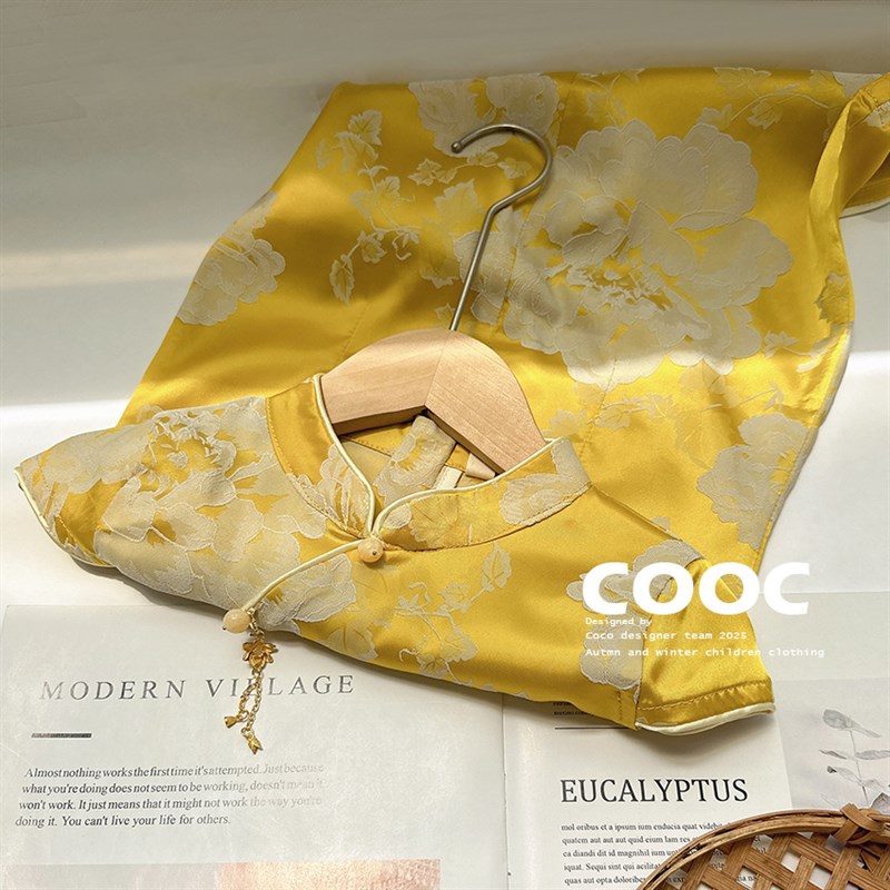 2025夏季女童黄色大花旗袍x中国风洋气儿童新中式裙子女孩改良旗