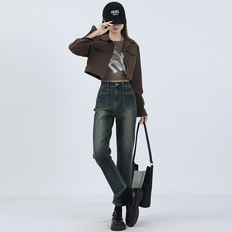 大码女装胖mm美式高腰直筒牛仔裤女春秋季宽松显瘦弹X力九分烟管