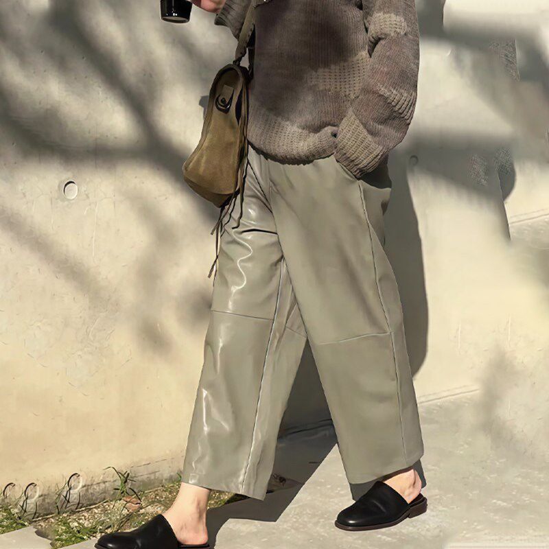 高端定制灰色窄h版直筒九分皮裤女2026春季新款高腰宽松休闲风裤