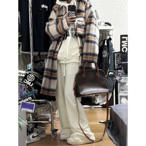 美式复古翻领毛呢格子外套初春季新款潮牌感小众情侣工装夹克