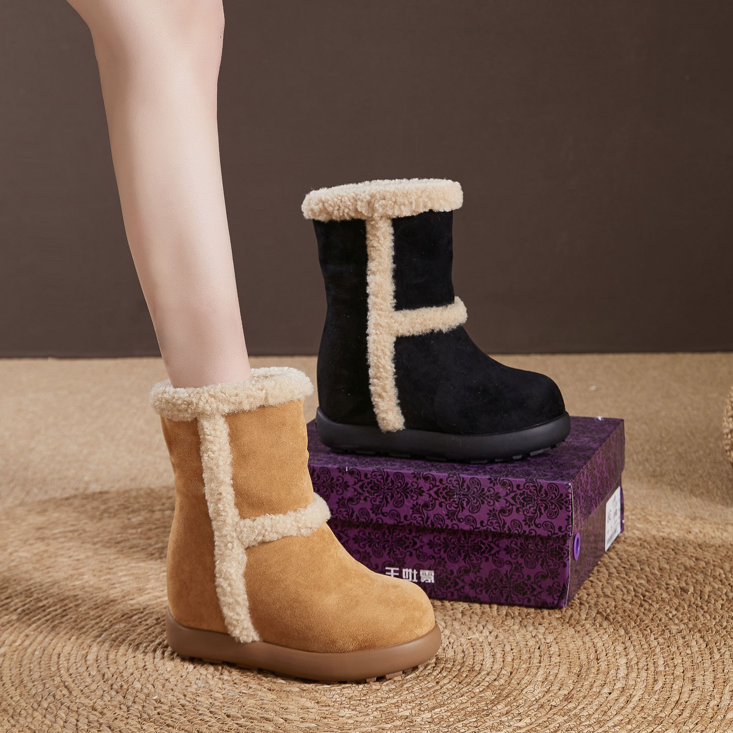 震地王雪地靴女加绒加厚2025冬新款两穿棉鞋12cm隐形内增高女靴子