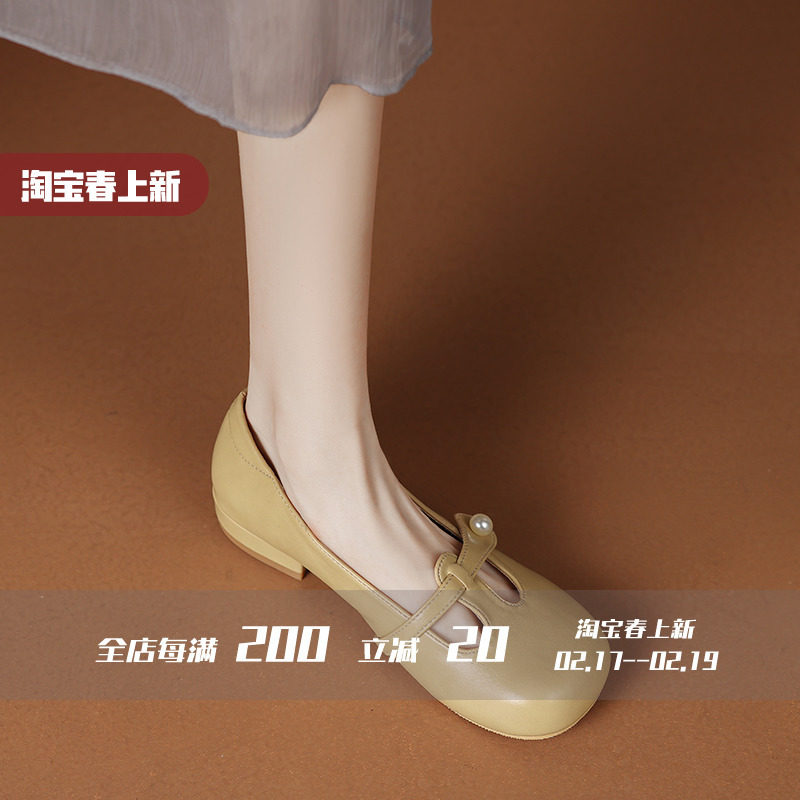 新品FairyWink奶油系～！法式复古真皮浅口芭蕾舞单鞋女平底玛丽图片