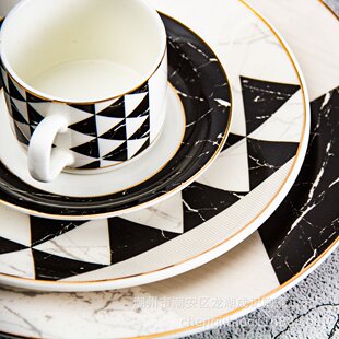 黑白几何电光大理石纹餐盘牛排骨碟餐厅定logo北欧水杯咖啡餐具