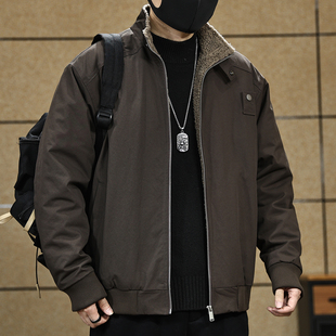 美式立领加绒夹克男士冬季保暖休闲工装外套仿羊羔毛老钱风棉服男