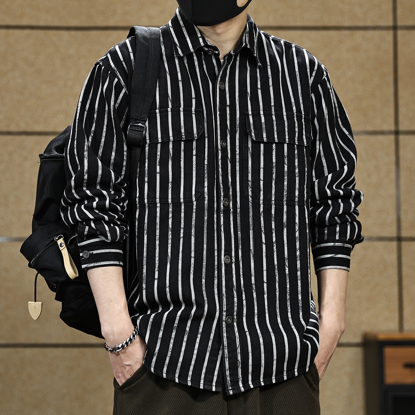 高端复古水洗黑白条纹牛仔衬衫男士春秋宽松美式休闲长袖衬衣外套