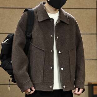双面羊绒短款翻领呢子大衣男士冬季美式潮牌宽松保暖毛呢夹克外套