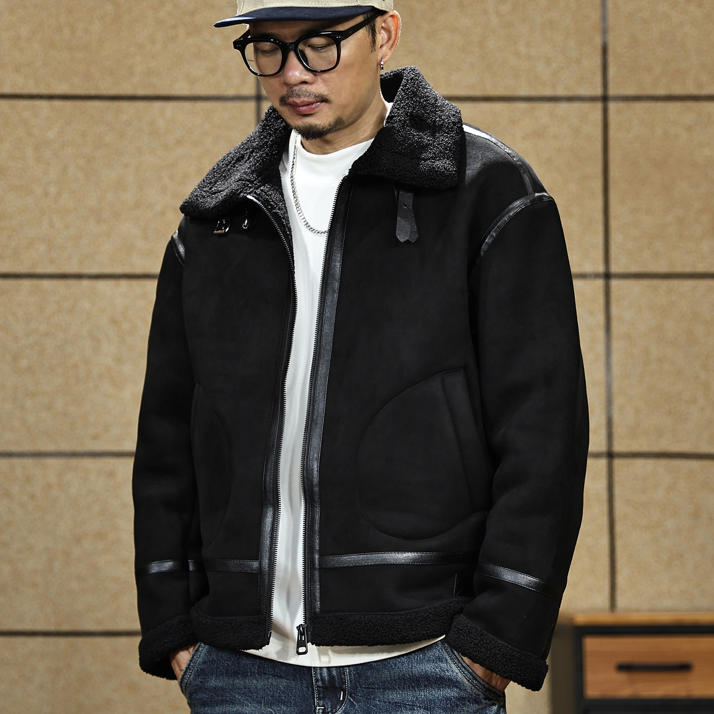 麂皮绒羊羔绒棉衣男保暖棉服外套