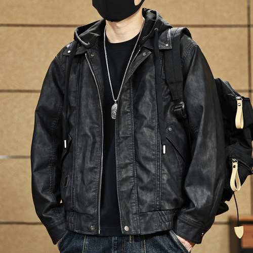 连帽皮衣短款外套男休闲机车夹克