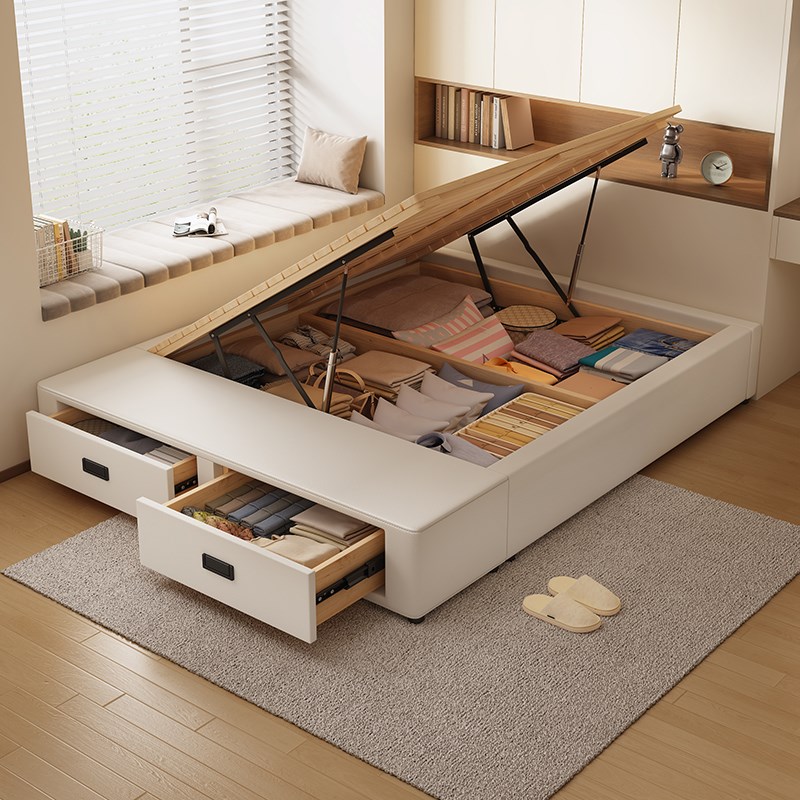 小户型多功能床无床头侧开抽屉气压设计1米5满铺实木床定制实木床
