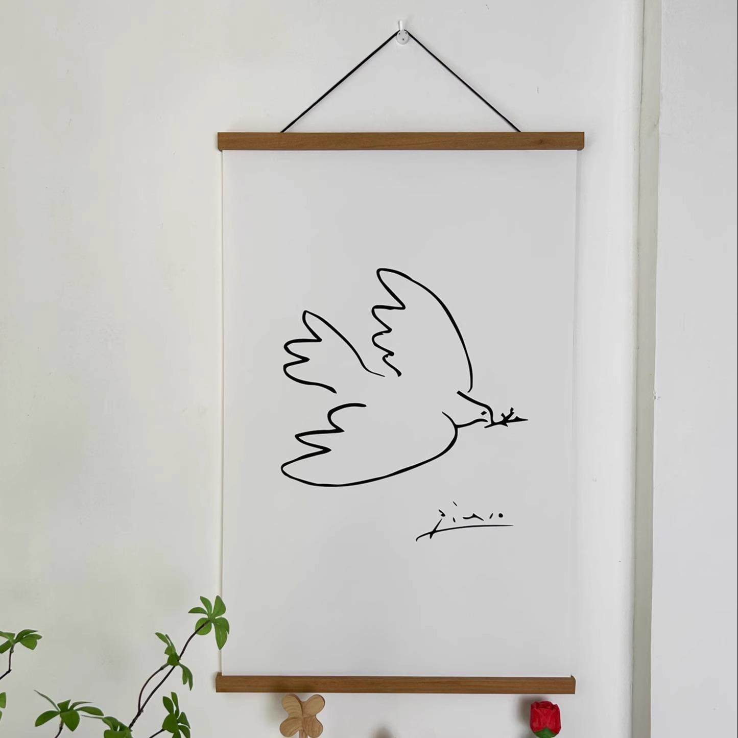 毕加索和平鸽抽象海报北欧风格实木挂轴画可定制油画布画芯 松木