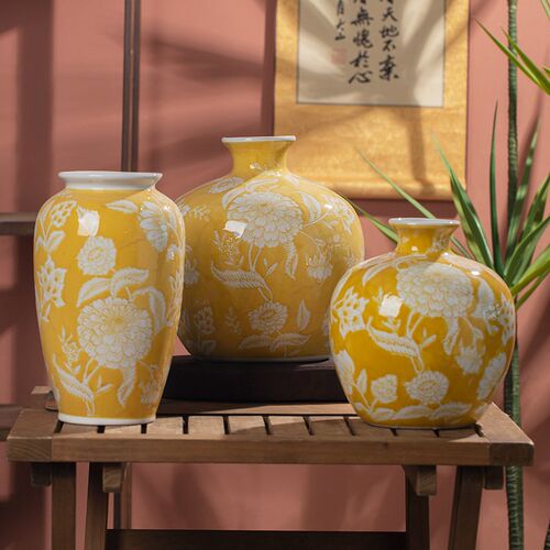 花瓶摆件可水培缠枝花新中式陶瓷花瓶家居饰品客厅花瓶帝王黄陶瓷