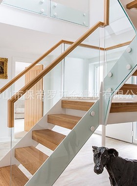 直梁 铁艺 白橡木楼梯白色钢木楼梯玻璃栏杆